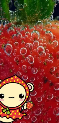 This live wallpaper showcases a stunning close-up of a strawberry surrounded by bubbles