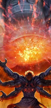 Experience the stunning artwork of a man commanding a massive ball of fire with this captivating live wallpaper