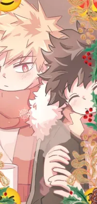 This anime couple live wallpaper depicts a charming winter scene with two characters wearing cozy scarves