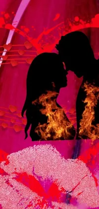 This live wallpaper for your phone features a romantic and dramatic image of a man and woman in a passionate embrace set against a flaming background