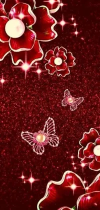 This live wallpaper features a stunning digital art design from Pixabay, featuring a red background with delicate flowers and butterflies