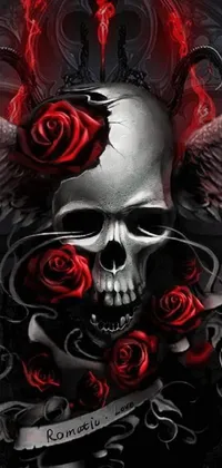 Looking for a gothic-themed phone wallpaper? Check out this incredible digital artwork featuring a skull with wings and roses