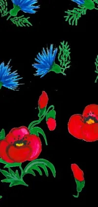 This phone live wallpaper features a beautiful gouache painting of red and blue flowers on a black background