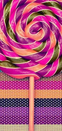 This lively phone wallpaper features a colorful lollipop resting on a table, complete with a detailed patterned background