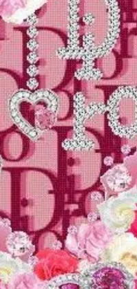 This heart-shaped phone live wallpaper showcases a beautiful and vibrant bouquet of flowers adorned with pink diamond accents