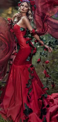 Introducing an exquisite phone live wallpaper that features an elegant woman in a red dress posing for a picture in an enchanted garden