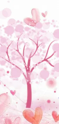 This phone live wallpaper features a beautiful painting of a cherry blossom tree with heart-shaped leaves