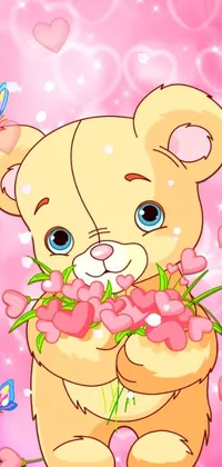 This phone live wallpaper features an adorable teddy bear holding a bunch of flowers in a furry art style