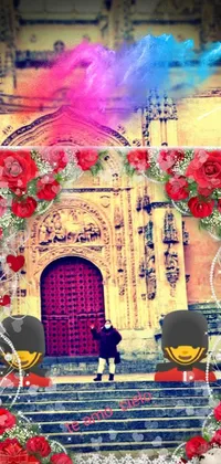 This extravagant phone wallpaper showcases a stunning building with red adornments and an ornate rose portal, inspired by Qajar art