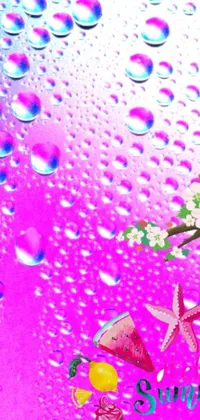 This phone live wallpaper showcases water droplets on pink background with bubbles, with each season represented in digital art