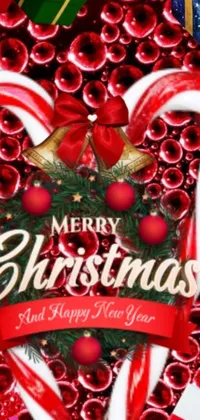 This phone live wallpaper showcases a stunning digital artwork of a Christmas card with two candy canes forming a heart