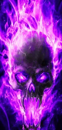 This live wallpaper depicts a purple fire skull on a black background, created using digital art by an accomplished artist