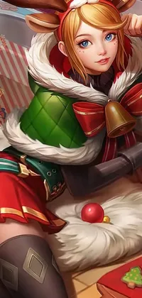 This live wallpaper features a captivating work of fantasy art showing a beautiful woman sitting on a bed next to a festive Christmas tree