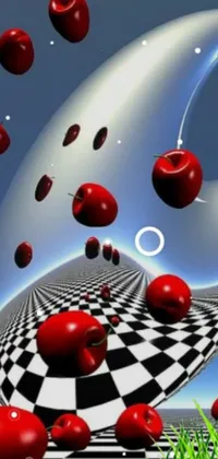 This live phone wallpaper features a mesmerizing group of red apples floating on a black and white checkered floor