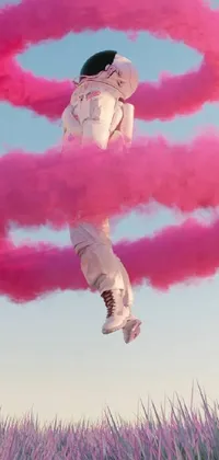 This phone live wallpaper displays an off-white sky with a person jumping in a futuristic white suit with a cape-like extension seen from behind
