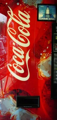 This live wallpaper for phone depicts a vibrant scene of a classic Coca-Cola vending machine placed on a counter in a dimly lit room next to a wall clock