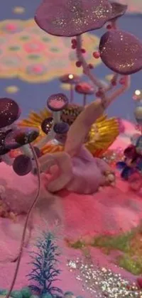 This phone live wallpaper depicts a yummy cake lying on a table while surrounded by a coral reef