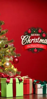 Celebrate the holidays with a stunning Christmas-themed live wallpaper! This beautiful wallpaper features a bright Christmas tree surrounded by presents, against a bold red background