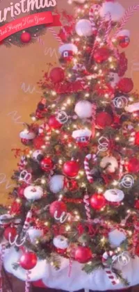 This live wallpaper features a charming Christmas tree, adorned with red and white ornaments, surrounded by candy decorations and diffused lights for a cozy atmosphere