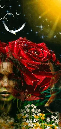 This stunning live wallpaper depicts a captivating painting of a woman with a rose tucked in her hair