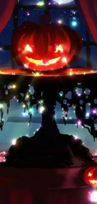 This Halloween-themed phone live wallpaper features a lighted pumpkin resting on a table with a hologram and black magic spells