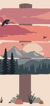 This phone live wallpaper boasts a wooden sign backdrop with a picturesque mountain range in the distance