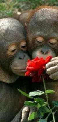 This live wallpaper features two playful monkeys perched comfortably on a lush green field, holding a vibrant red rose in closeup