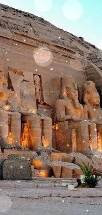 This breathtaking live phone wallpaper showcases a grand stone building with Egyptian art, towering statues, cliffs, and stunning evening lighting