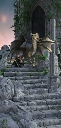 This phone live wallpaper features a detailed matte painting of a majestic dragon sitting on the steps of a castle