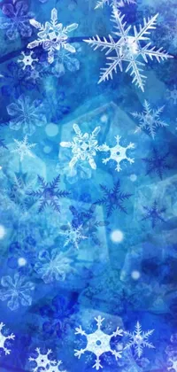 This live wallpaper depicts close up snowflakes on a blue background, brought to life through crystal cubism and digital watercolor