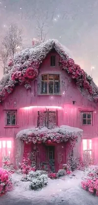 This live phone wallpaper features a charming pink house atop a snowy hill, surrounded by magical flowers, illuminated under soft lighting, with frosted windows and swirling snowflakes for a serene winter scene
