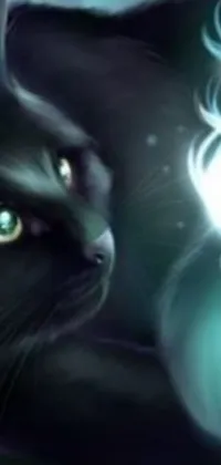 Enjoy a bewitching phone experience with this live wallpaper! It features a sleek black cat next to a mesmerizing glowing ball