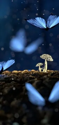 This live wallpaper displays a group of stunning blue butterflies hovering around a mushroom amidst a beautifully detailed miniature world