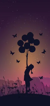 Get lost in the enchanting beauty of this live phone wallpaper! It features a striking silhouette of a figure holding a bunch of colorful balloons against a breathtaking nature background