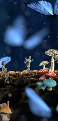 This phone live wallpaper showcases a group of small figurines atop a mushroom pile in a magical forest