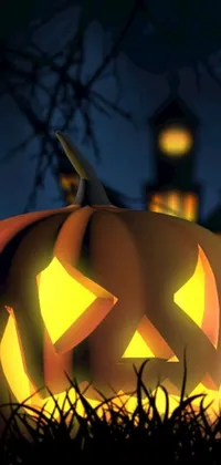 This phone live wallpaper features a digital 3D rendering of a glowing pumpkin atop a grassy field, surrounded by an ultra-detailed haunted house
