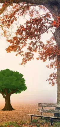 Bring nature to your phone with this live wallpaper! Escape into the serene and foggy atmosphere of a bench under a tree amidst an autumn forest setting of stunning baobab and oak trees