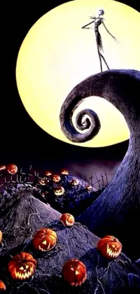 Introducing an incredibly surreal and captivating live wallpaper for your phone! This masterpiece showcases a man standing on a hill covered in beautifully carved Jack and Sally pumpkins