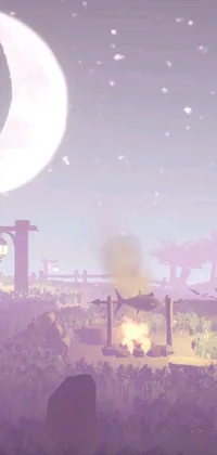This is a haunting phone live wallpaper featuring a scene of a cemetery at night with a full moon in the background