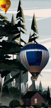 Experience the serenity of nature with this picturesque live wallpaper featuring two hot air balloons floating over a lush forest