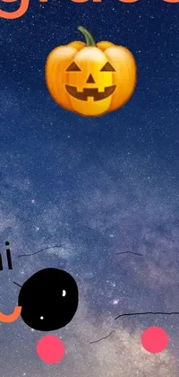 This mobile phone live wallpaper showcases an animated digital art piece of a jack o' lantern floating in the galaxy, against a vivid black background and a faintly shimmering Pluto planet in the far distance