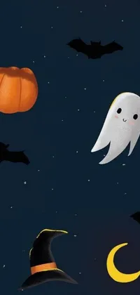 Looking for a fun and festive Halloween live wallpaper for your phone? Look no further! This design features cute and quirky cartoon bats and ghosts flying high in the night sky, set against a playful and whimsical background image