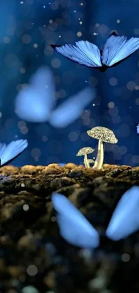 This stunning phone live wallpaper features a group of vibrant blue butterflies gracefully flying around a towering mushroom