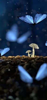 This live wallpaper features a group of blue butterflies flying elegantly around a mushroom, while glowing crystals sparkle gently on the ground
