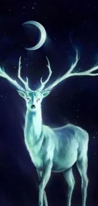 Enjoy the ethereal beauty of a live wallpaper featuring a stunning white deer standing on a snow-covered ground
