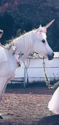This phone live wallpaper features a charming image of a child standing next to a majestic white horse in a romantic and dreamy setting