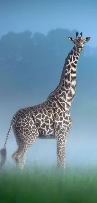 This live wallpaper showcases a giraffe amidst a verdant field with trees in the background, set against a soothing sky