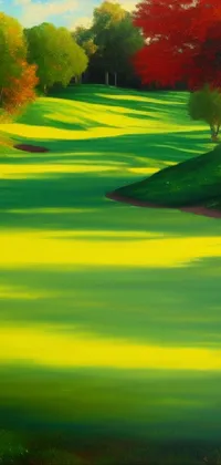 This live wallpaper for mobile phones showcases a beautiful golf course painting surrounded by verdant green trees