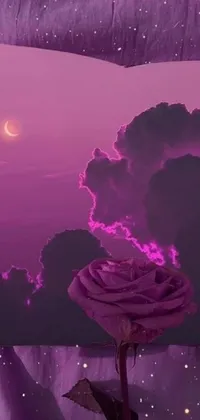 This captivating phone live wallpaper features a stunning purple rose atop a lush green field against a moonlit purple sky and pink cloud background
