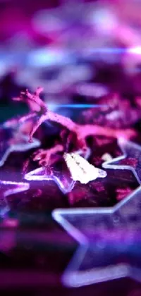 This stunning live phone wallpaper showcases a bunch of twinkling stars arranged on a table against a background of a microscopic photo in purple color